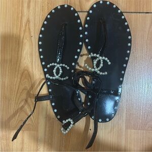 Black Pearl-Embellished Sandals